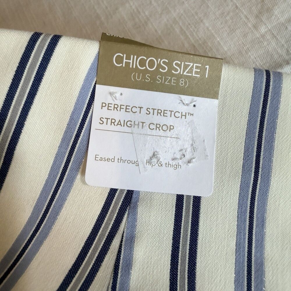 Chico's Crop Pants Capris Women's Size 8 Blue White Striped Metallic Straight - Picture 6 of 11